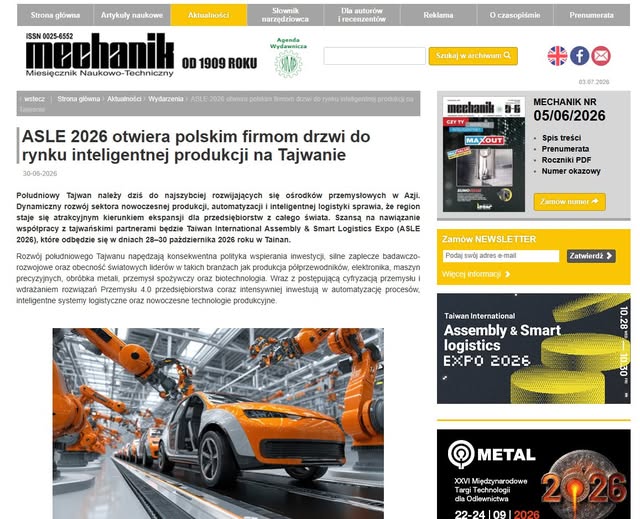 ASLE 2026 otwiera polskim firmom drzwi do rynku inteligentnej produkcji na Tajwanie